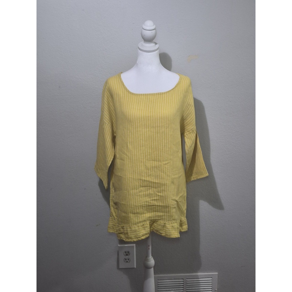 LUNGO L'ARNO ruffle tunic 3/4 sleeve 100% linen size L Made In Italy Coastal